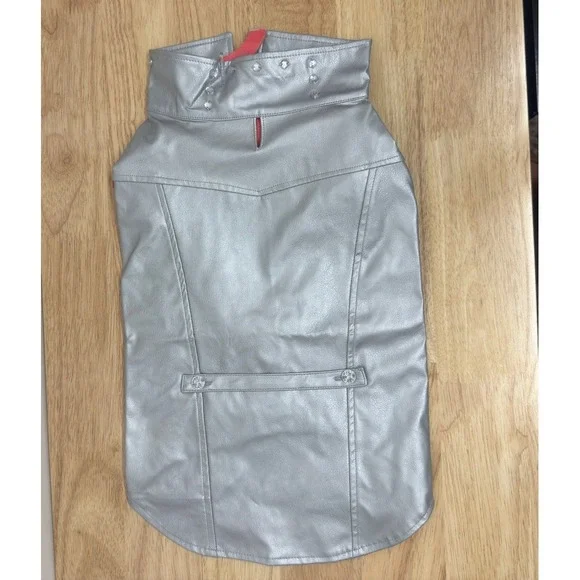 VIPoochy Dog Costume Vest Lined Silver Leather w Rhinestone Studs Zip Large #47 - Picture 1 of 7